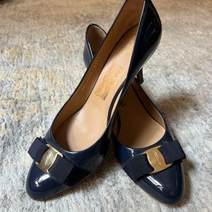 Salvatore Ferragamo, navy blue, patent leather pump. Size 10